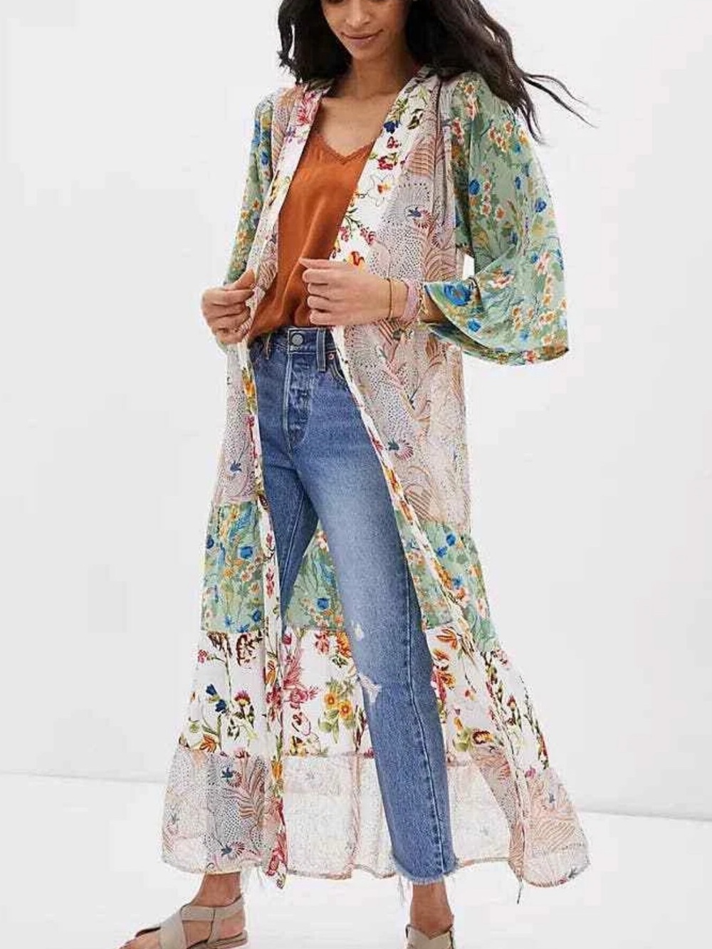 Anthropologie Floral Patchwork Long Kimono - Green, White